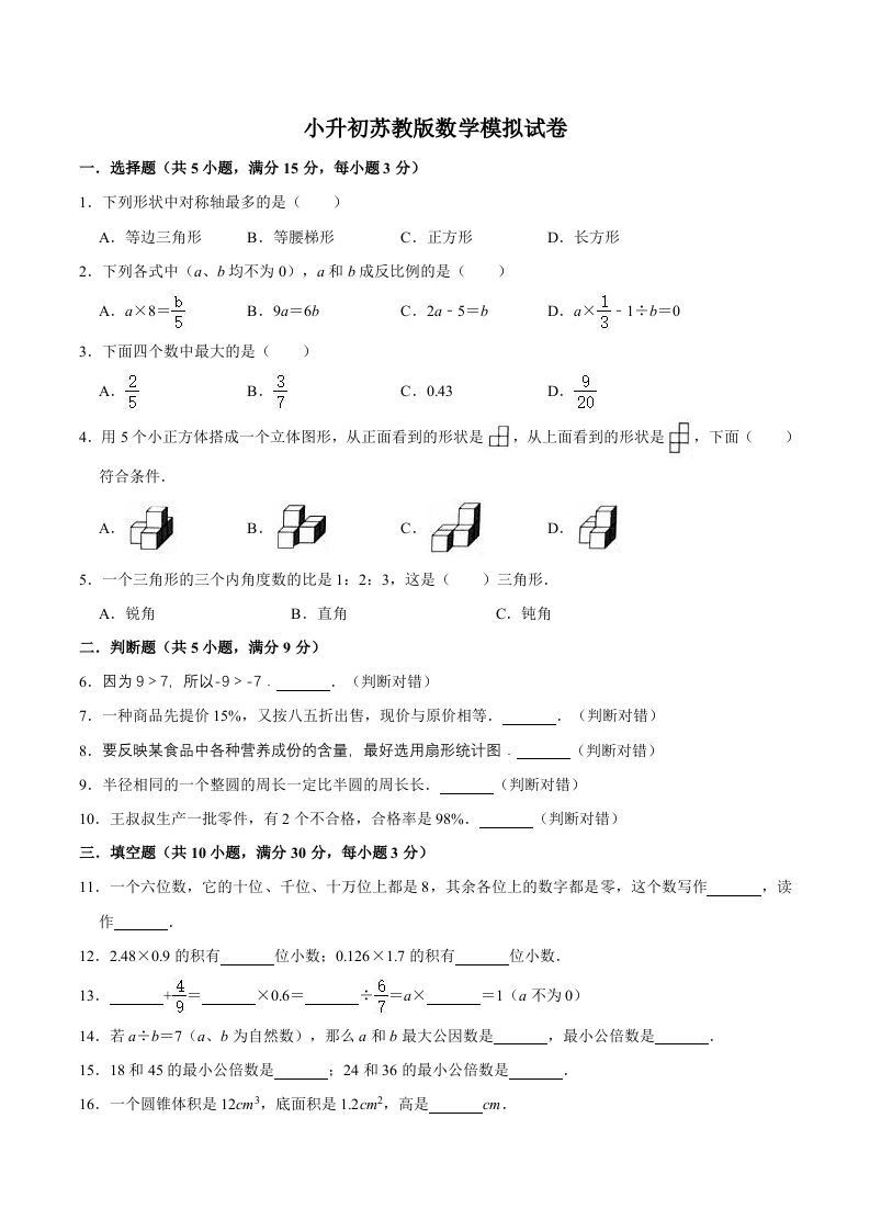 六年级数学下册小升初模拟试题（12）苏教版（含解析）_练习题|试卷|知识点|复习提纲