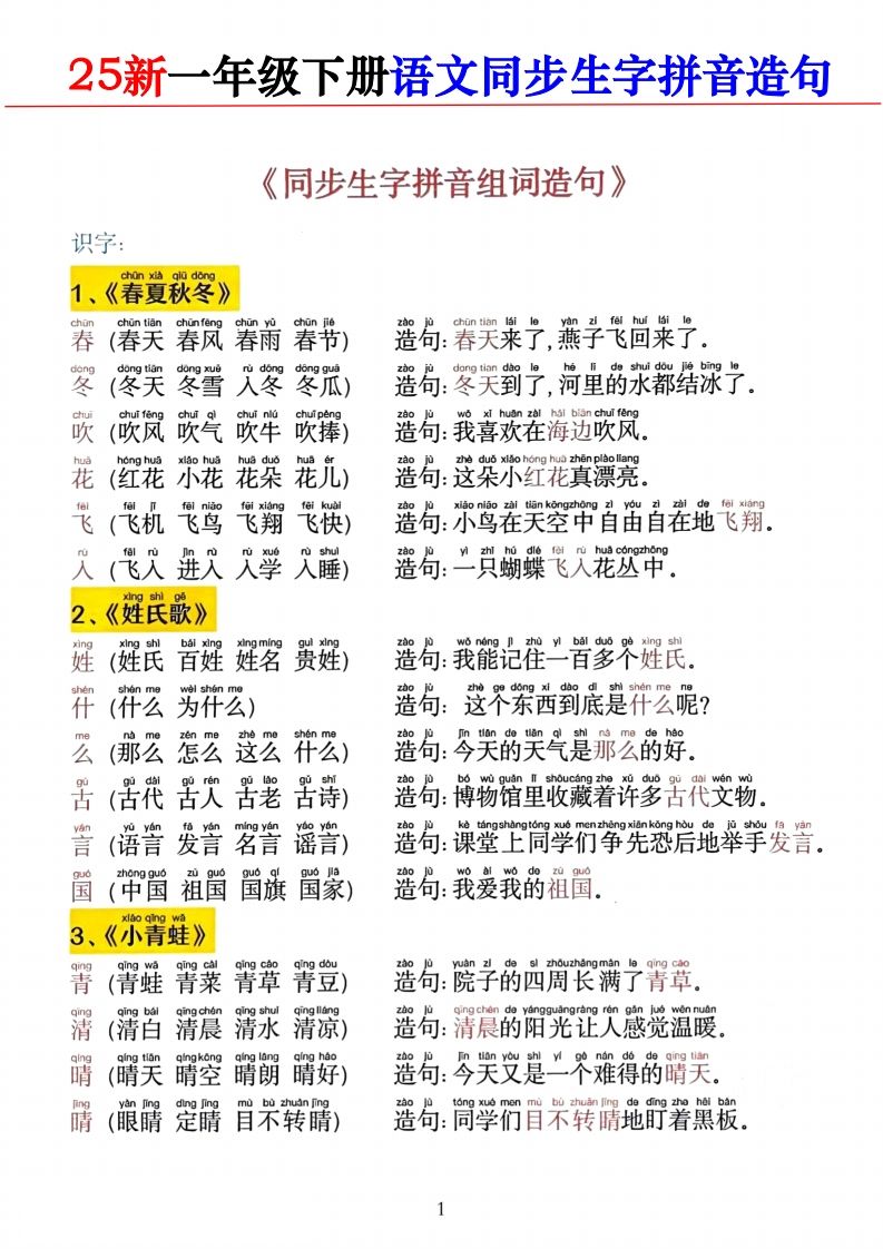 2025新一下语文同步生字拼音组词造句11页_练习题|试卷|知识点|复习提纲