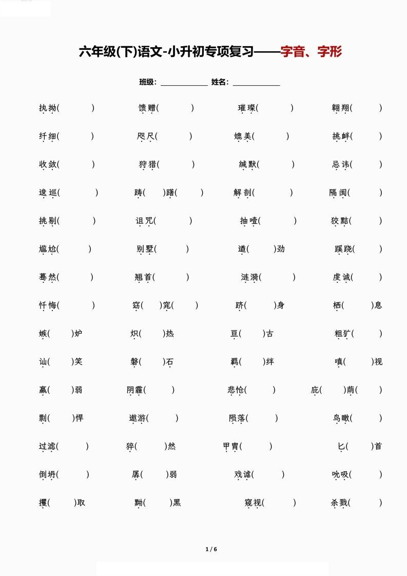 小升初专项复习—字音、字形_练习题|试卷|知识点|复习提纲