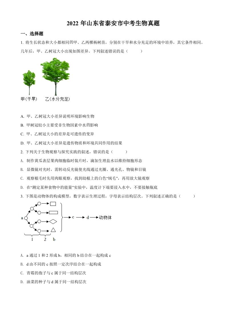 2022年山东省泰安市中考生物真题（空白卷）_练习题|试卷|知识点|复习提纲