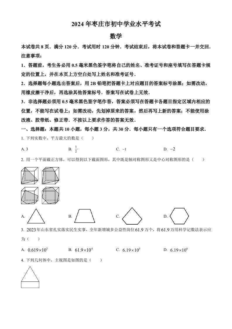 2024年山东省枣庄市中考数学试题（枣庄聊城临沂菏泽）（空白卷）_练习题|试卷|知识点|复习提纲