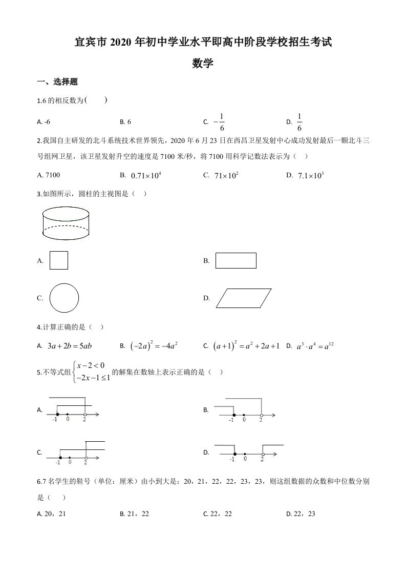 四川省宜宾市2020年中考数学试题（空白卷）_练习题|试卷|知识点|复习提纲