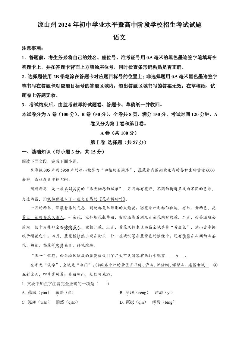 2024年四川省凉山州中考语文真题（空白卷）_练习题|试卷|知识点|复习提纲