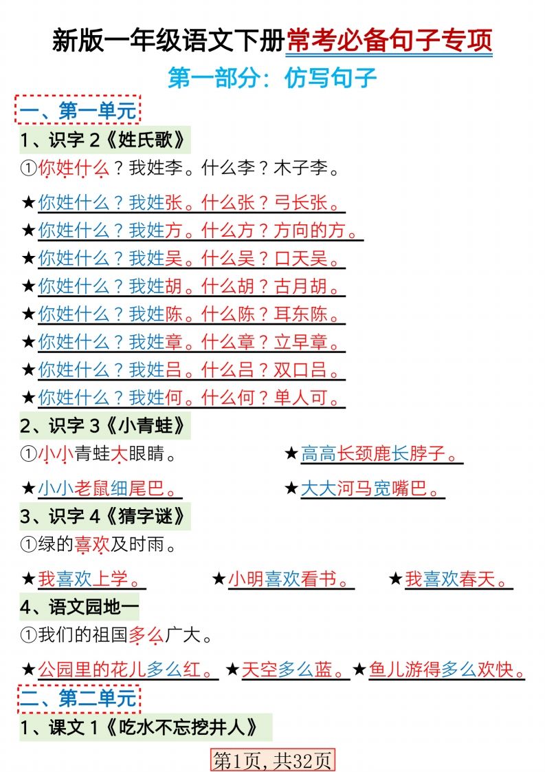 【句子专项】新版一年级语文下册常考必备句子专项(1)_练习题|试卷|知识点|复习提纲