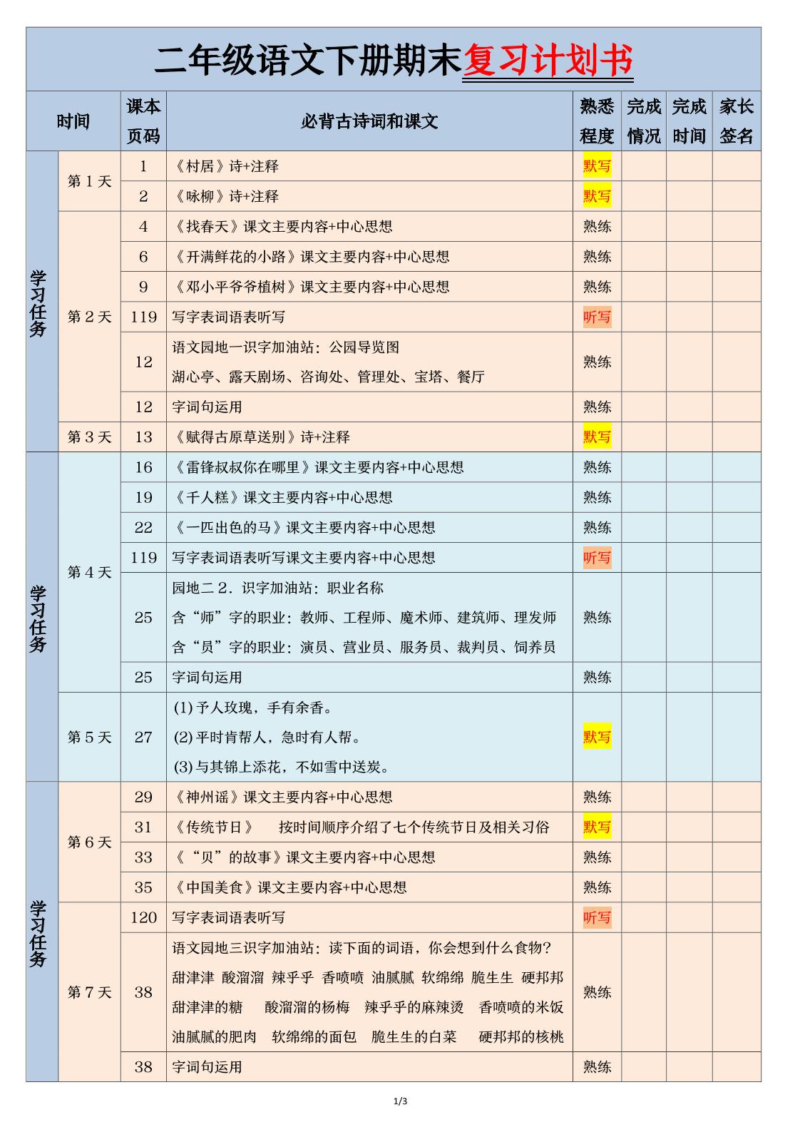 二下语文【期末三轮复习法闯关表】（3页）_练习题|试卷|知识点|复习提纲