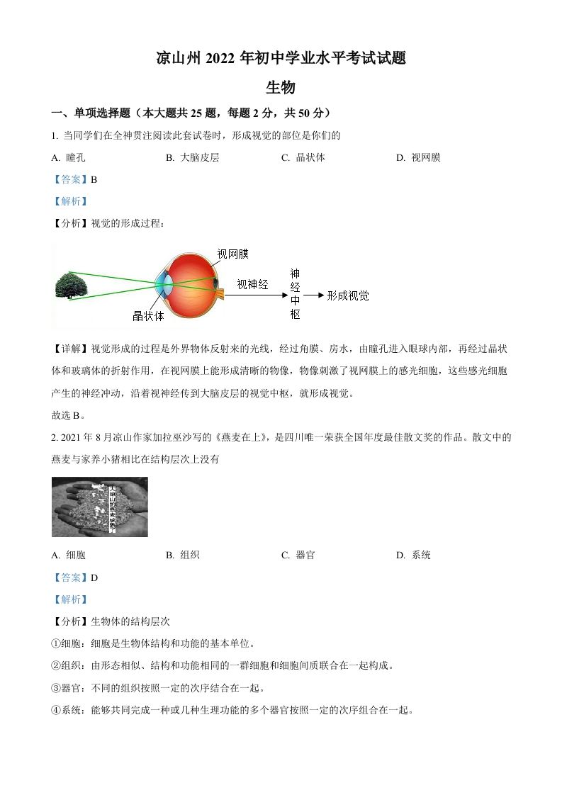 2022年四川省凉山州中考生物真题（含答案）_练习题|试卷|知识点|复习提纲