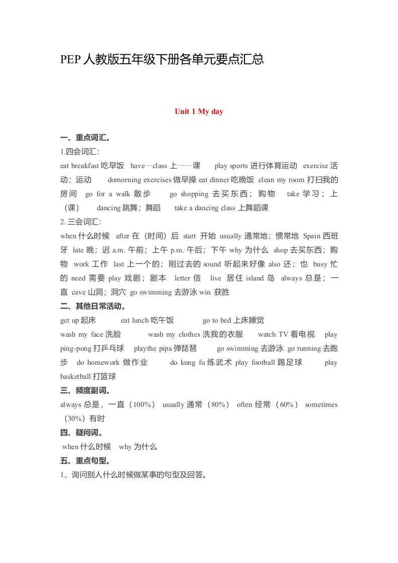 五年级英语下册素材-各单元要点汇总（人教PEP版）_练习题|试卷|知识点|复习提纲