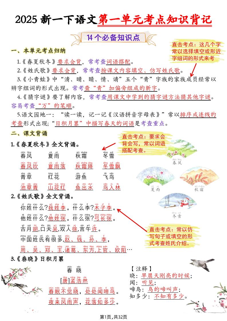 新一下语文1-8单元考点知识背记（32页）_练习题|试卷|知识点|复习提纲