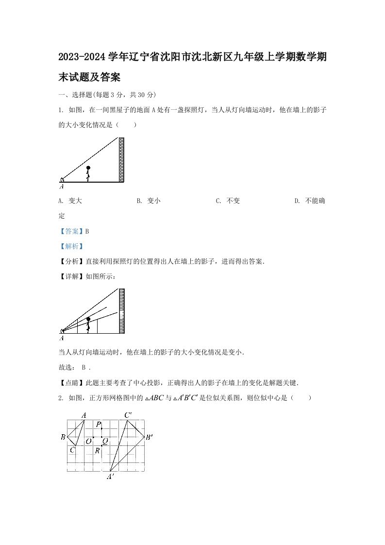 2023-2024学年辽宁省沈阳市沈北新区九年级上学期数学期末试题及答案(Word版)_练习题|试卷|知识点|复习提纲