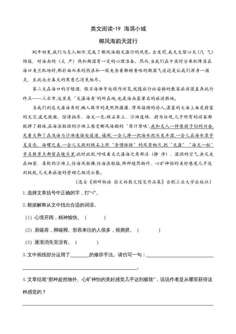 三年级语文上册类文阅读19海滨小城（部编版）_练习题|试卷|知识点|复习提纲