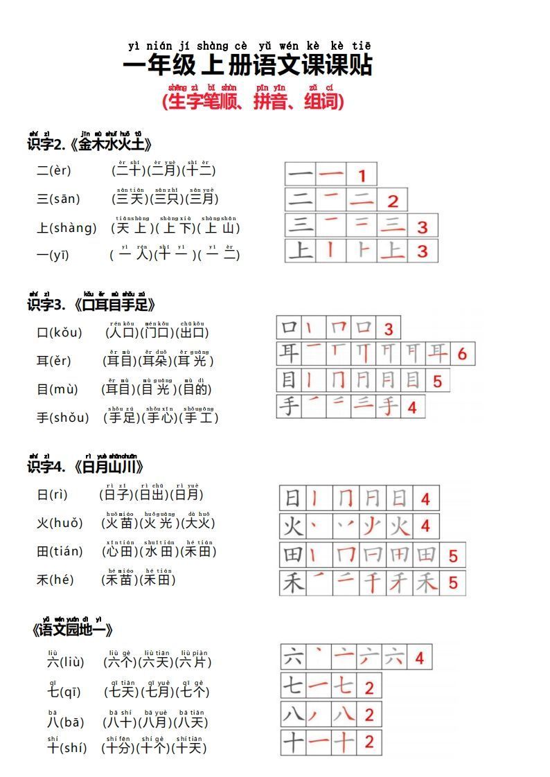 24秋新版一上语文课课贴（生字笔顺、拼音、组词）_练习题|试卷|知识点|复习提纲