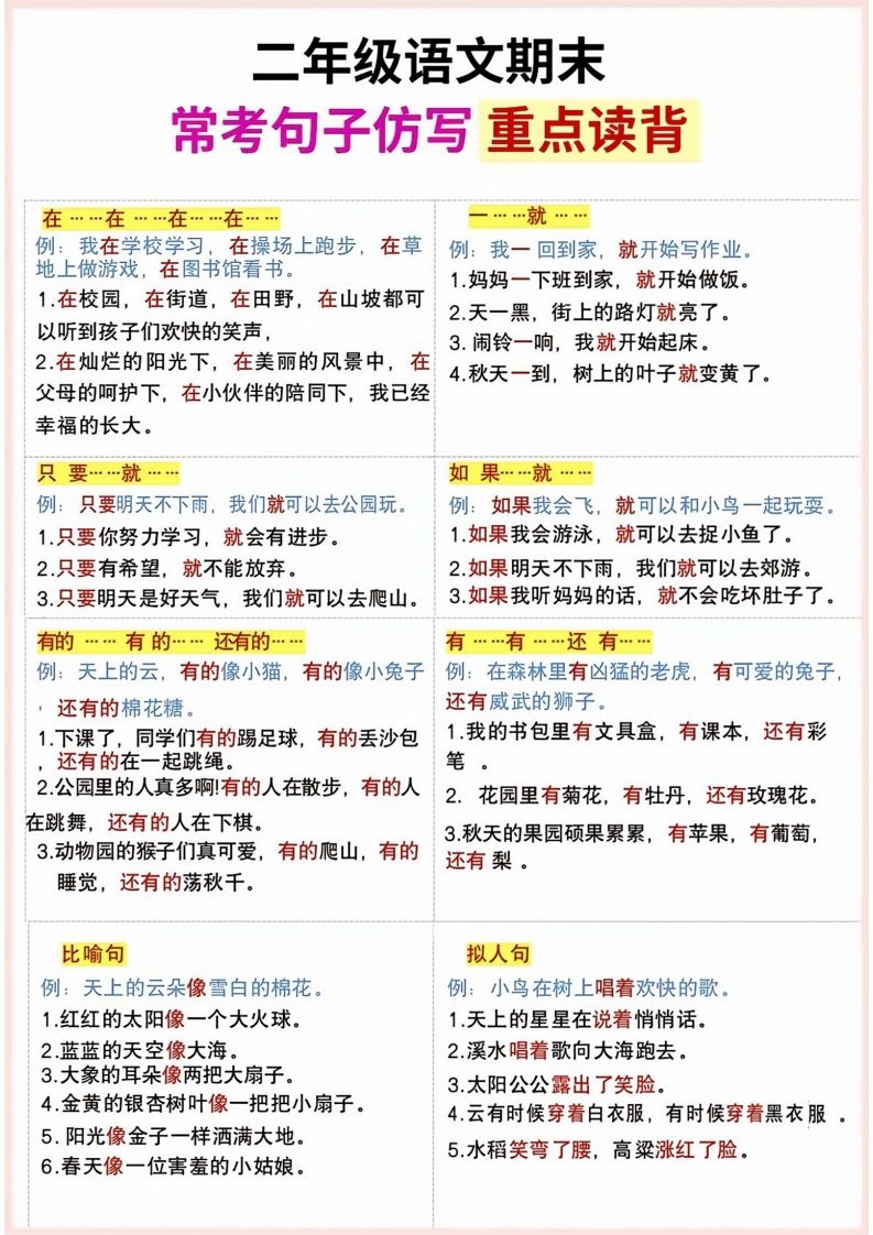 二年级上册语文期末句子仿写_练习题|试卷|知识点|复习提纲