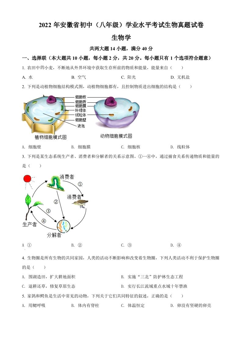 2022年安徽省中考生物真题（空白卷）_练习题|试卷|知识点|复习提纲