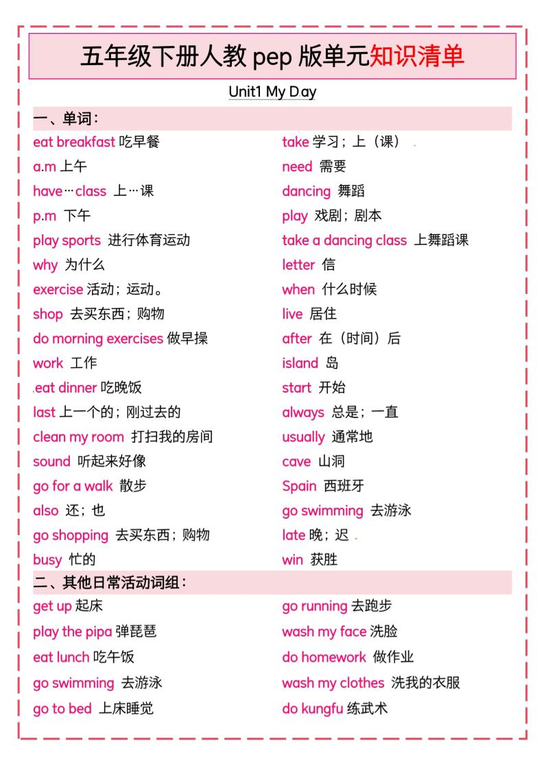 五下英语人教pep版单元知识清单_练习题|试卷|知识点|复习提纲