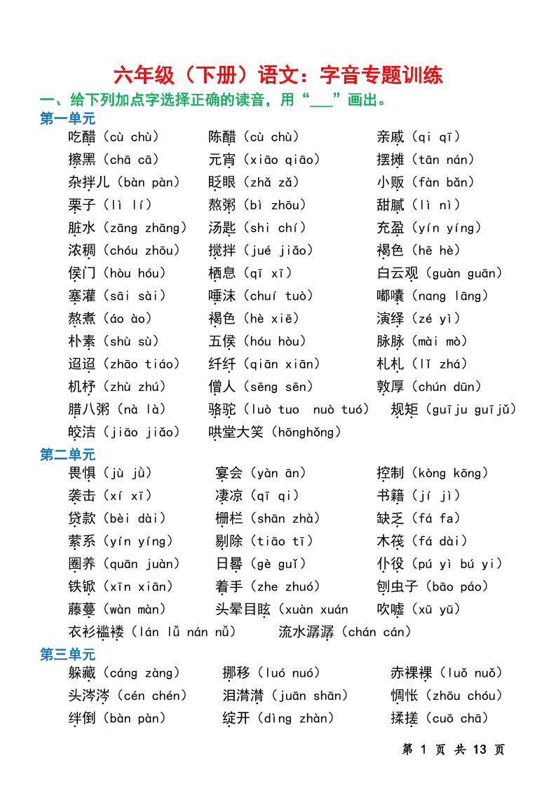 六下语文字音专题训练（含13页）_练习题|试卷|知识点|复习提纲