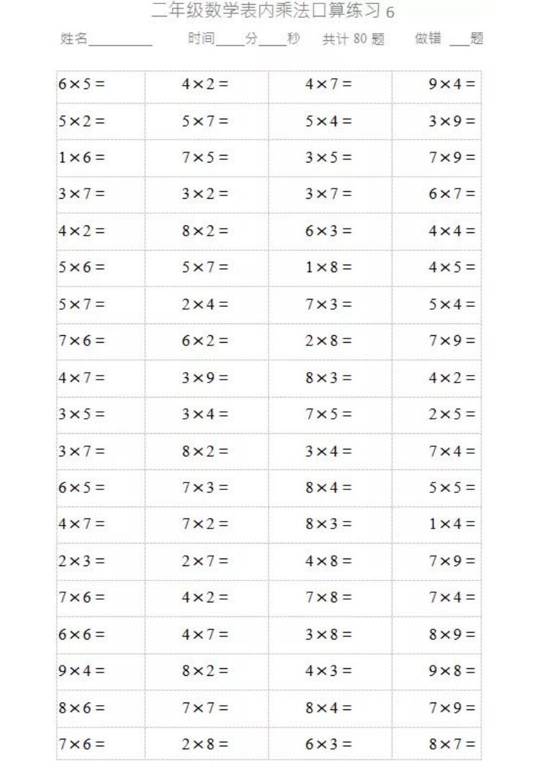 二上数学乘法口算题卡_练习题|试卷|知识点|复习提纲