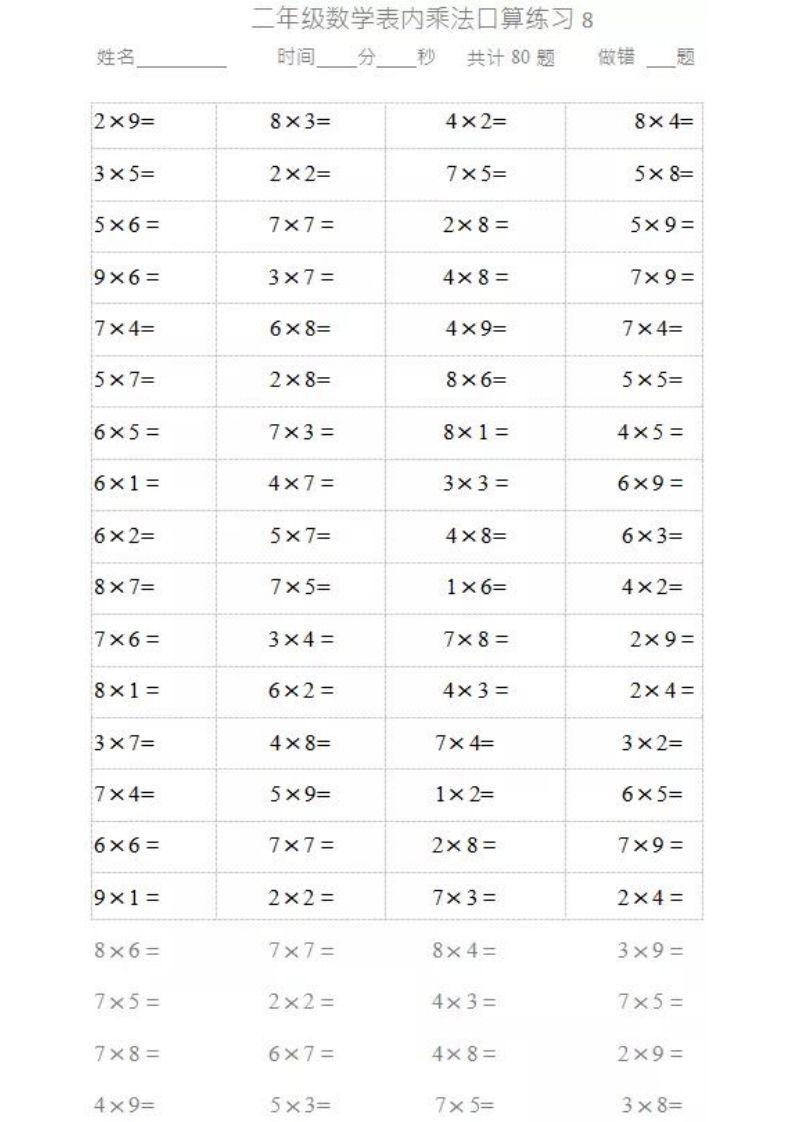 图片[3]_二上数学乘法口算题卡_练习题|试卷|知识点|复习提纲