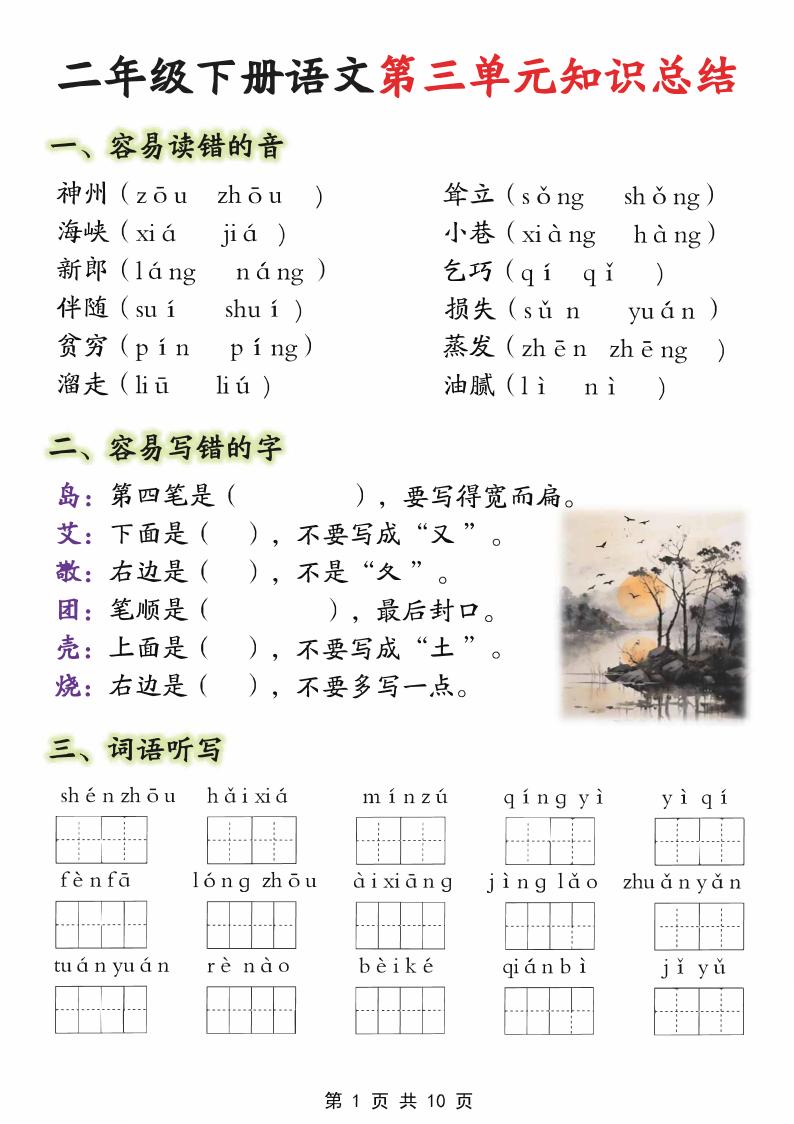 【第三单元】二下语文重点知识总结（填）纯图版10页_练习题|试卷|知识点|复习提纲