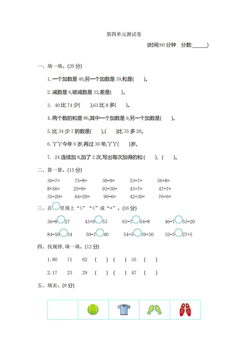 一下青岛版数学第四单元测试卷1（54制）_练习题|试卷|知识点|复习提纲