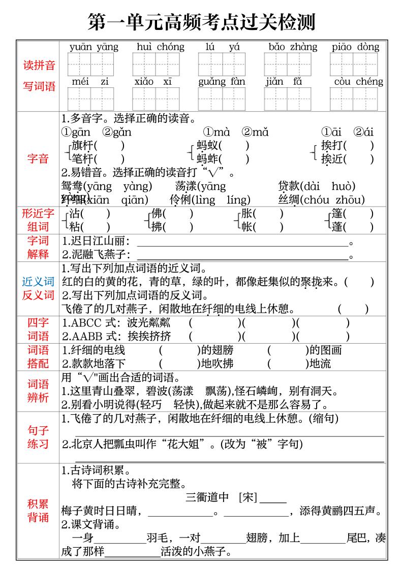 三年级下语文1-8单元高频考点过关检测_练习题|试卷|知识点|复习提纲