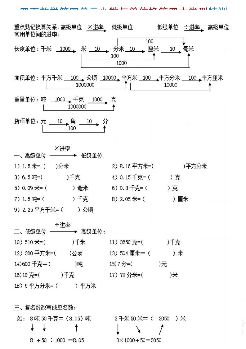 四下《数学小数与单位换算四大类型特训》4页_练习题|试卷|知识点|复习提纲