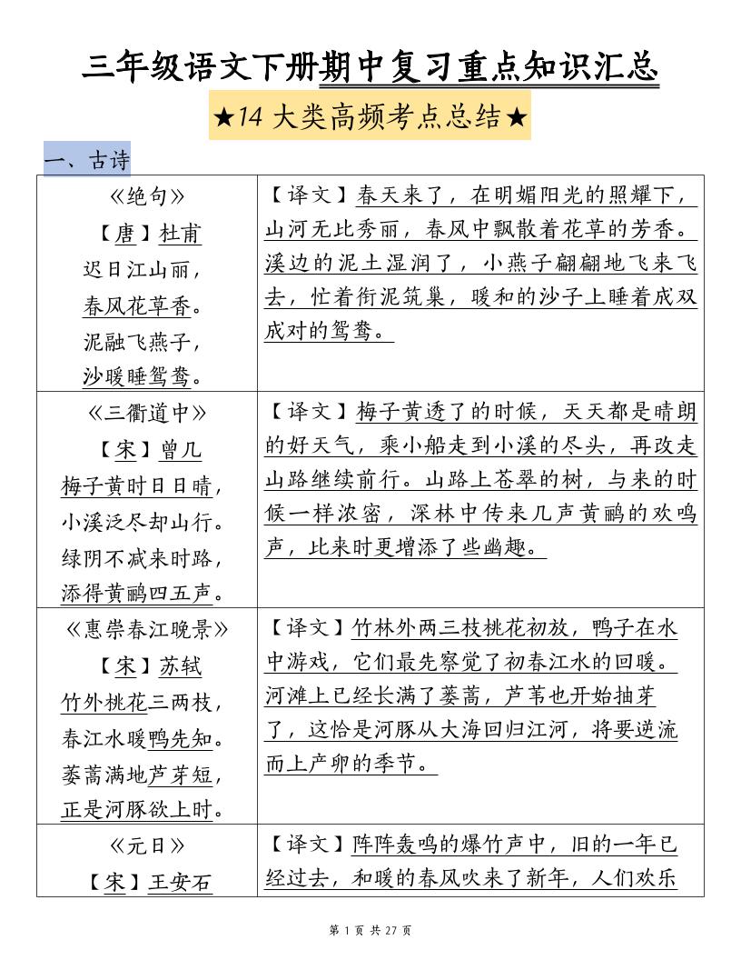 三下语文期中复习重点知识汇总-14大高频考点_练习题|试卷|知识点|复习提纲