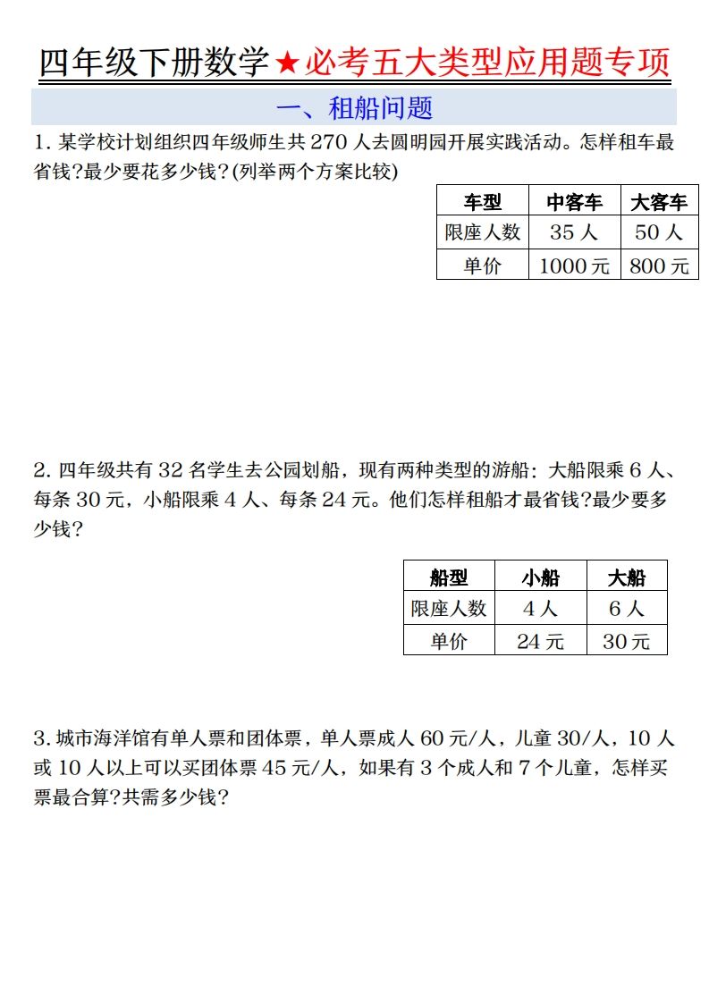 【专项】四下数学必考五大类型应用题（含答案，通用版）_练习题|试卷|知识点|复习提纲