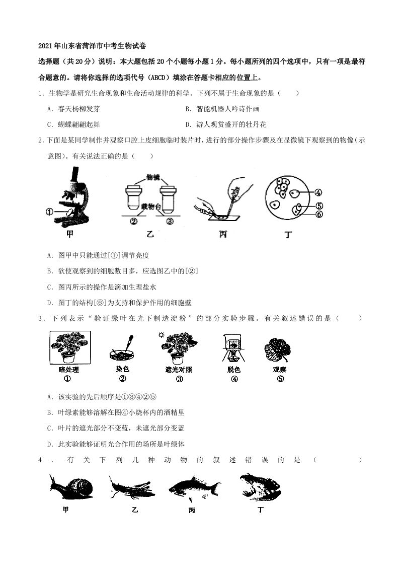 2021年山东省菏泽市中考生物真题（word，含答案）_练习题|试卷|知识点|复习提纲