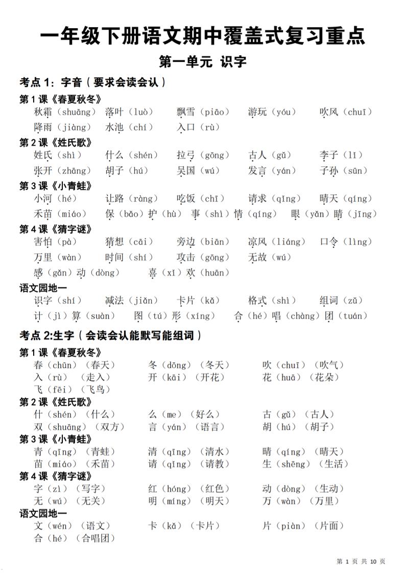 新一下语文期中覆盖式复习重点(10页)_练习题|试卷|知识点|复习提纲