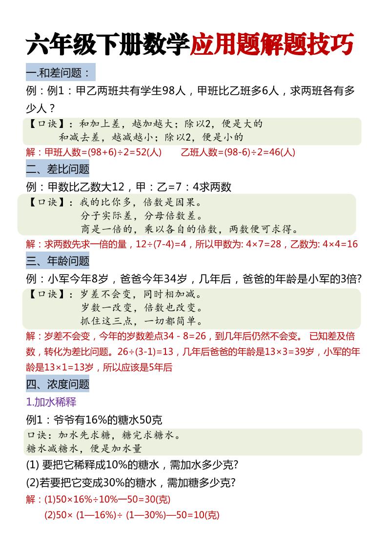 六年级下数学经典应用题解题技巧_练习题|试卷|知识点|复习提纲