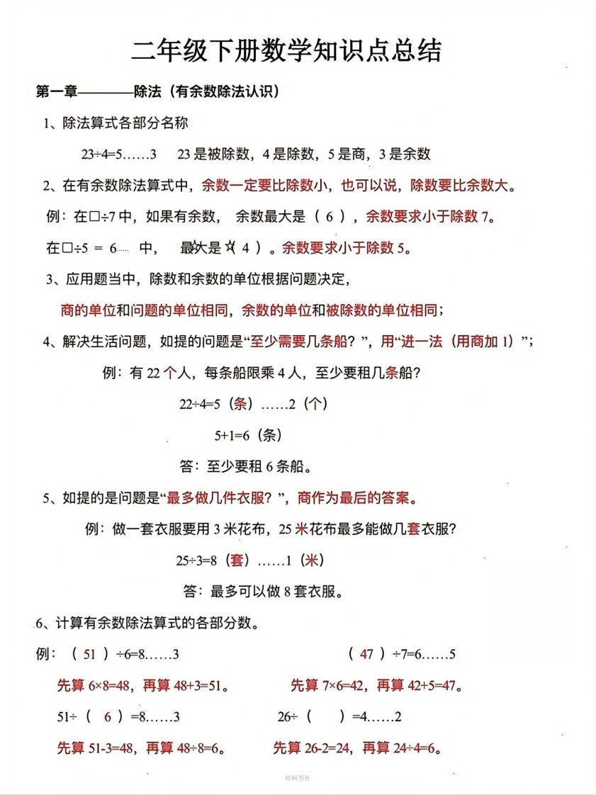 数学二年级下册必背知识点汇总_练习题|试卷|知识点|复习提纲