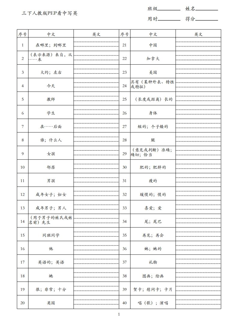 三下人教版英语PEP看中写英_练习题|试卷|知识点|复习提纲