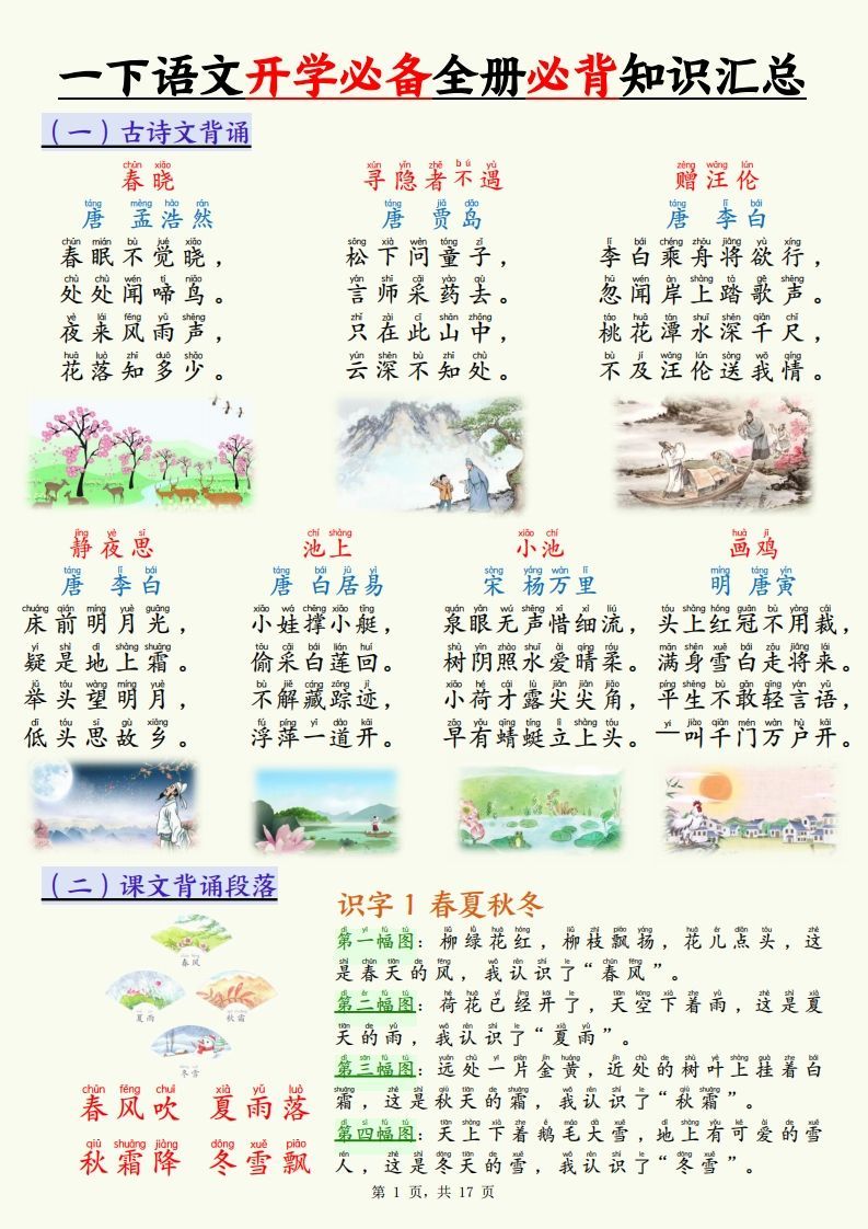 【25春一下语文开学必备全册必背知识汇总（十三类知识点）17页_练习题|试卷|知识点|复习提纲