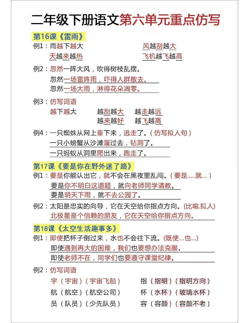 二下语文【第六单元重点仿写】_练习题|试卷|知识点|复习提纲