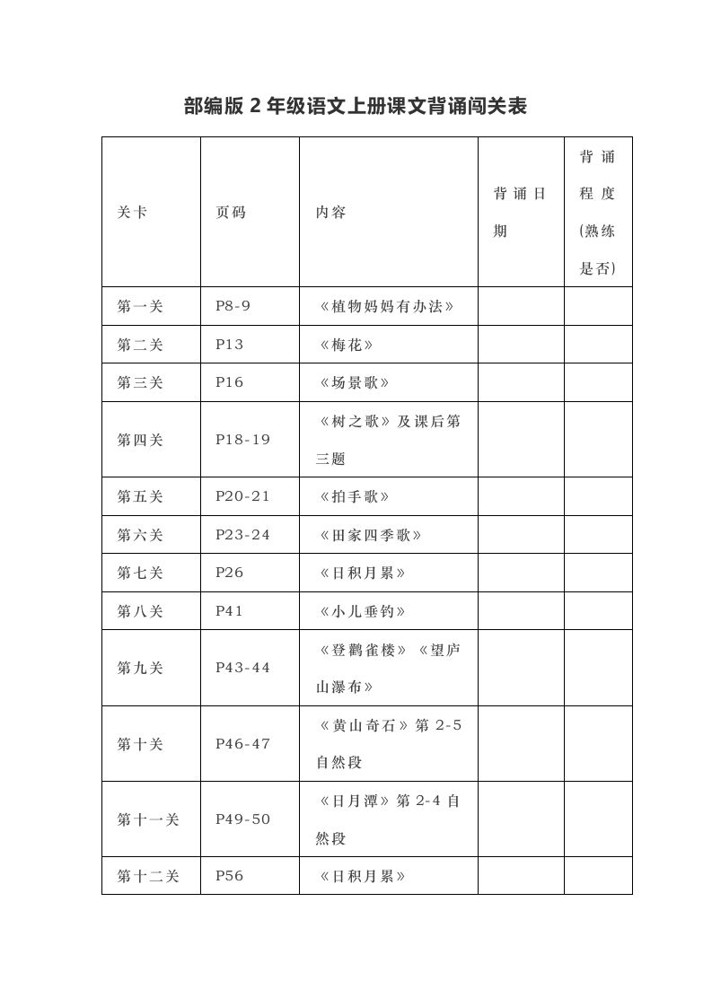 部编版二年级上册语文背诵课文内容及闯关表_练习题|试卷|知识点|复习提纲