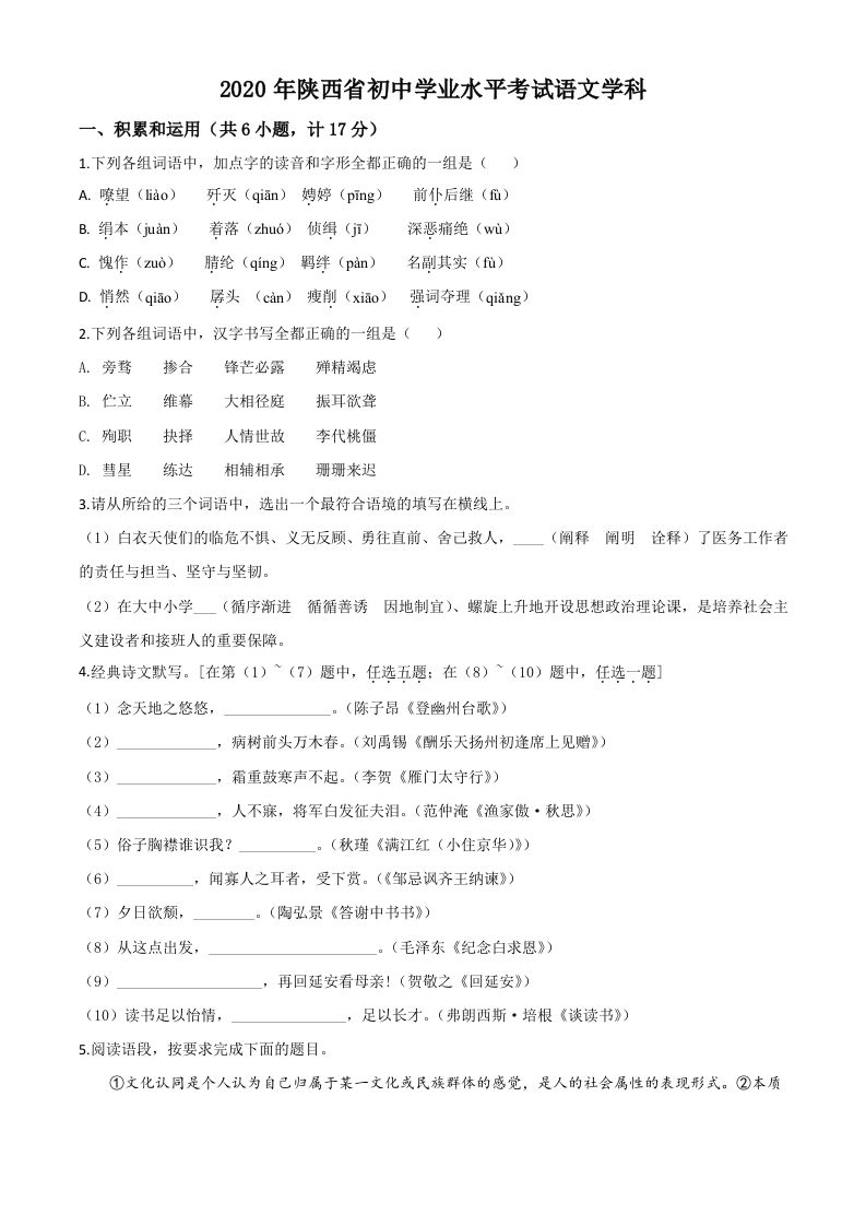 陕西省2020年中考语文试题（空白卷）_练习题|试卷|知识点|复习提纲