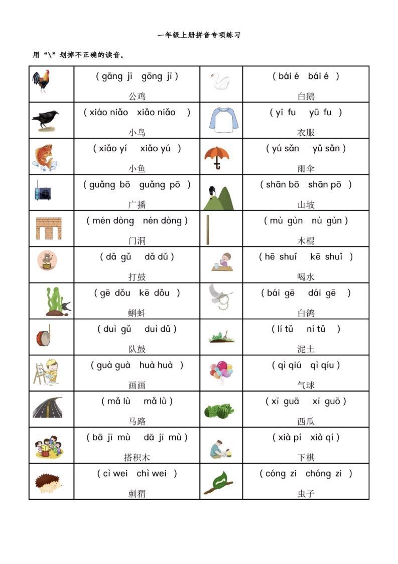 一年级语文上册拼音专项-前鼻音后鼻音平舌音翘舌音练习题_练习题|试卷|知识点|复习提纲