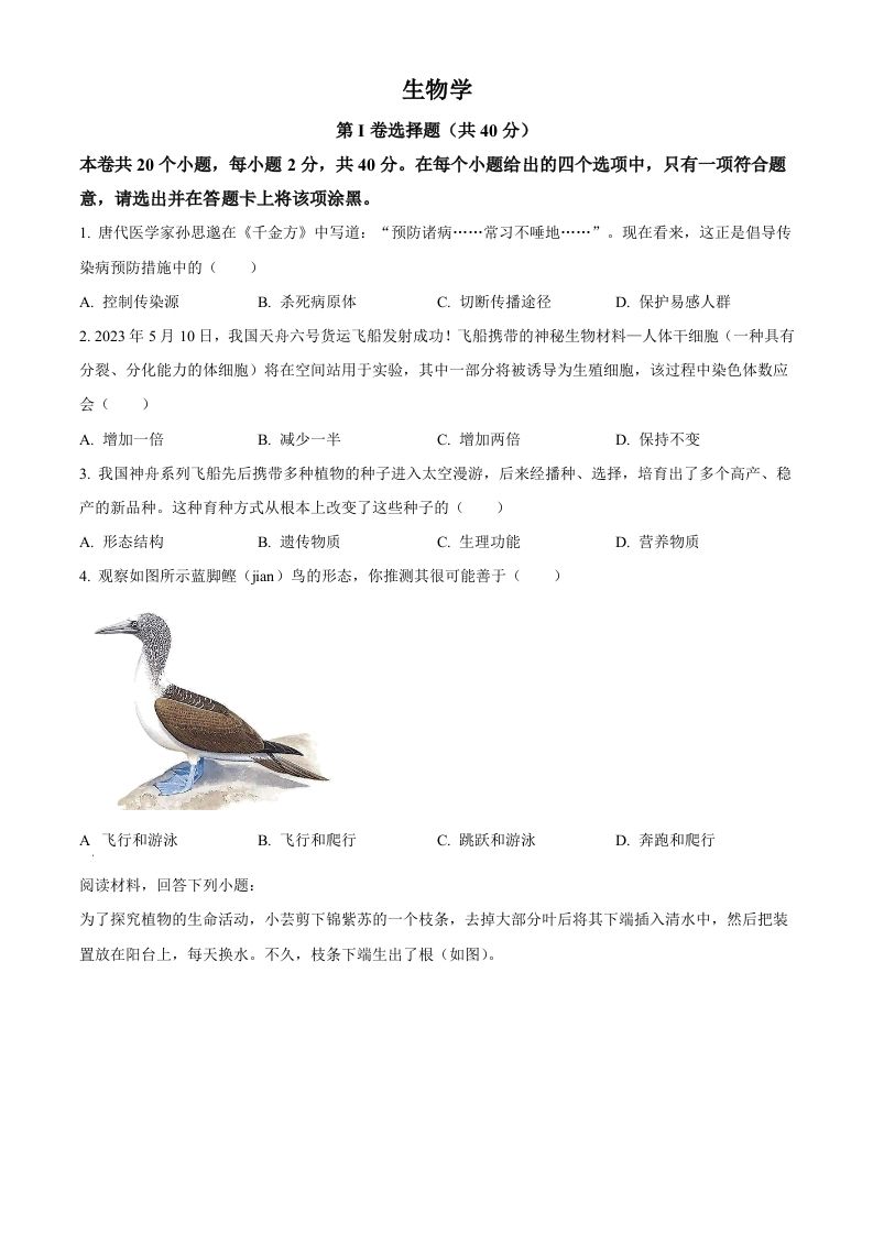 2023年山西省晋中市中考生物真题（空白卷）_练习题|试卷|知识点|复习提纲