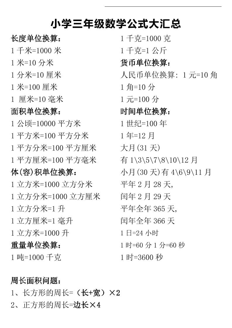 三年级下册数学公式大汇总_练习题|试卷|知识点|复习提纲