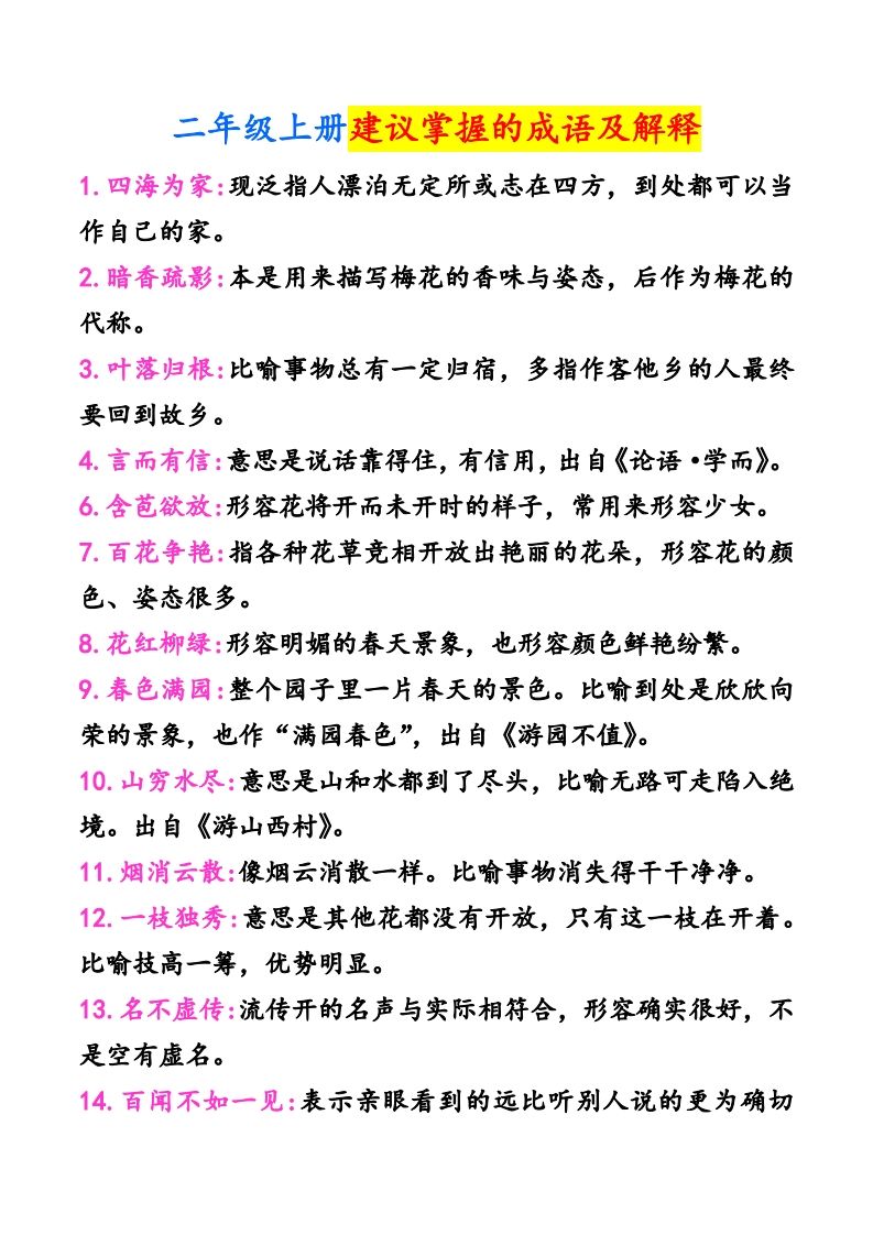 二年级上册语文建议掌握的成语及解释_练习题|试卷|知识点|复习提纲