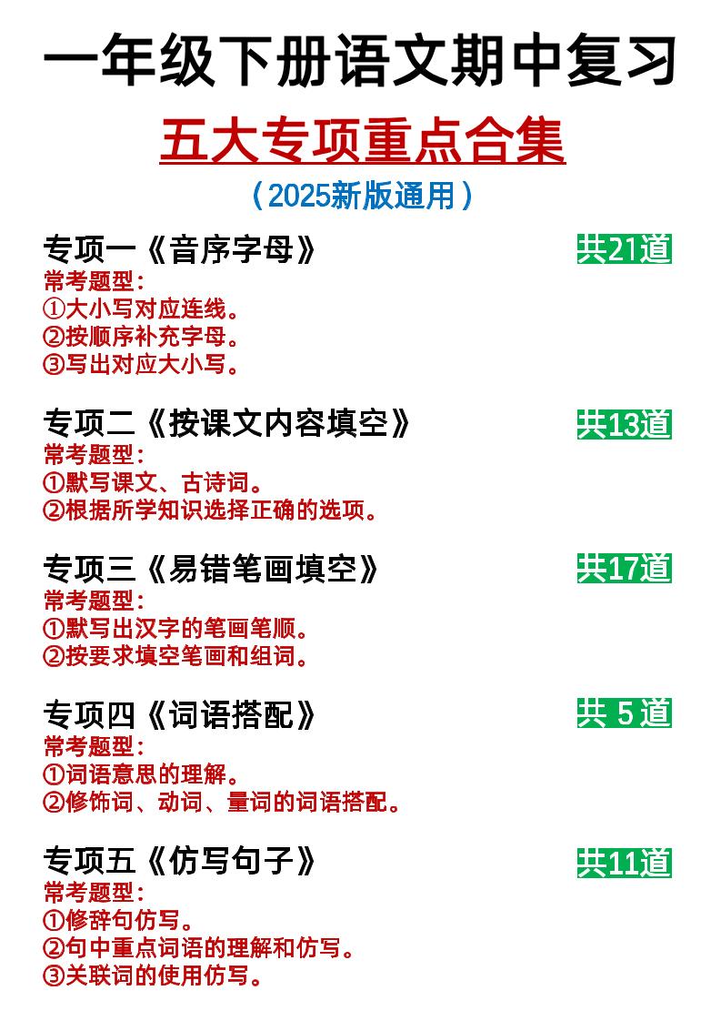 25新一下语文期中复习五大专项重点合集14页_练习题|试卷|知识点|复习提纲