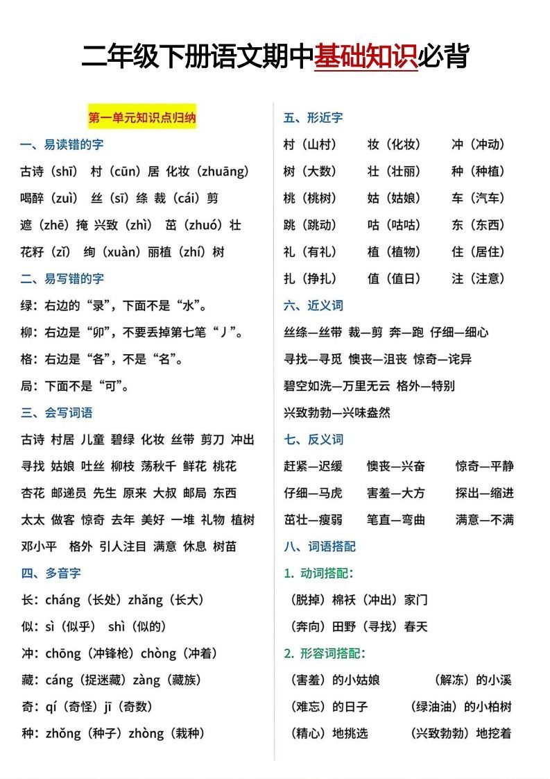 二年级下册期中基础知识必背_练习题|试卷|知识点|复习提纲