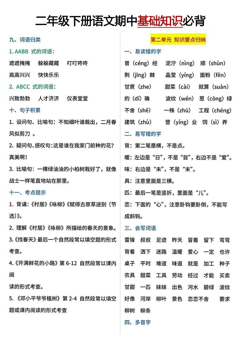 图片[2]_二年级下册期中基础知识必背_练习题|试卷|知识点|复习提纲