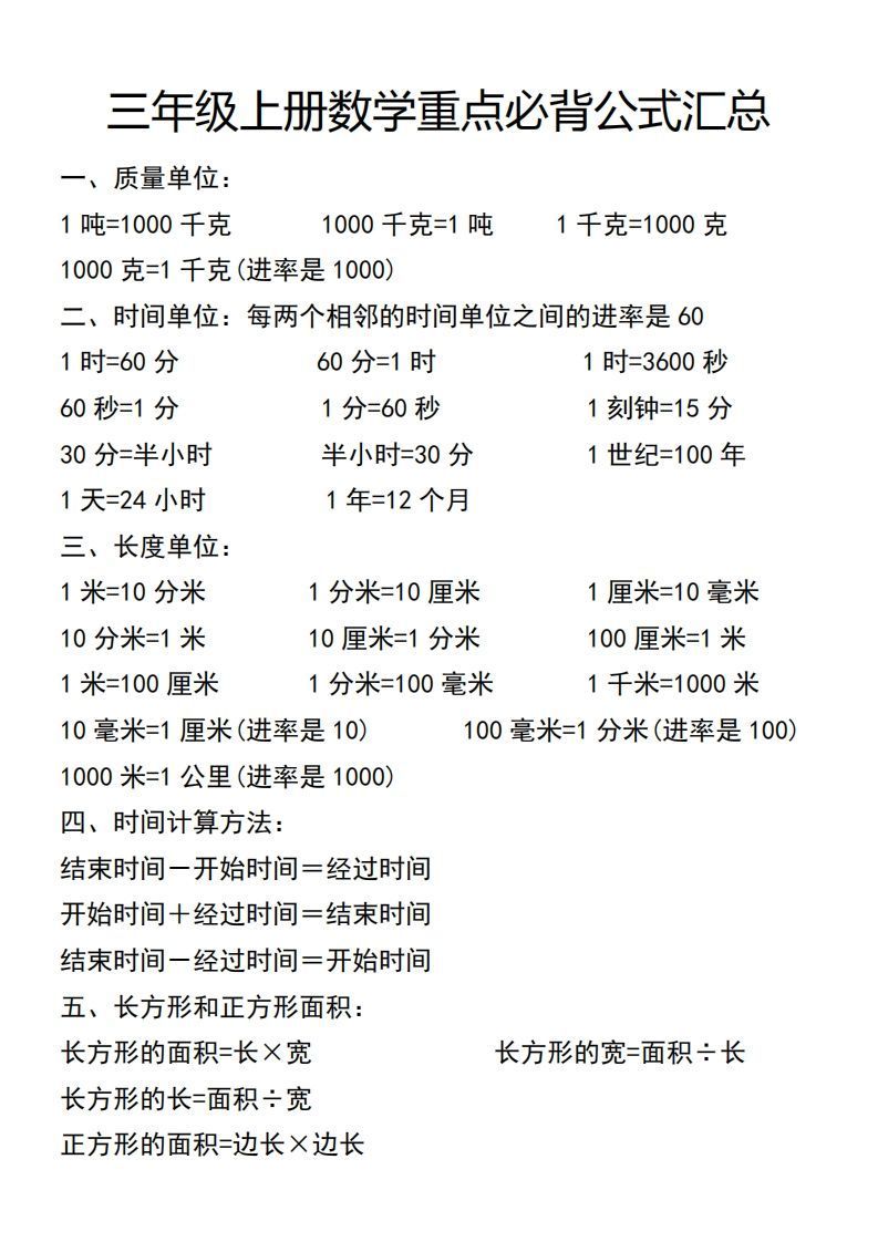 三年级上册数学必背公式汇总_练习题|试卷|知识点|复习提纲