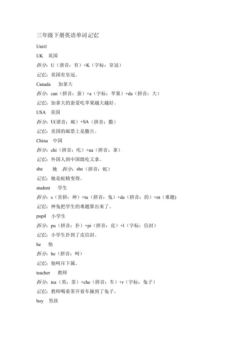 三年级英语下册素材-单词趣味记忆法｜人教（PEP）_练习题|试卷|知识点|复习提纲