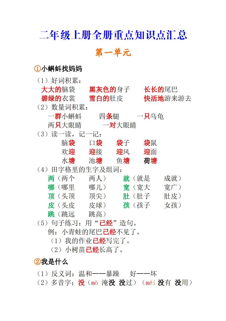 二年级上册语文全册重点知识点汇总_练习题|试卷|知识点|复习提纲