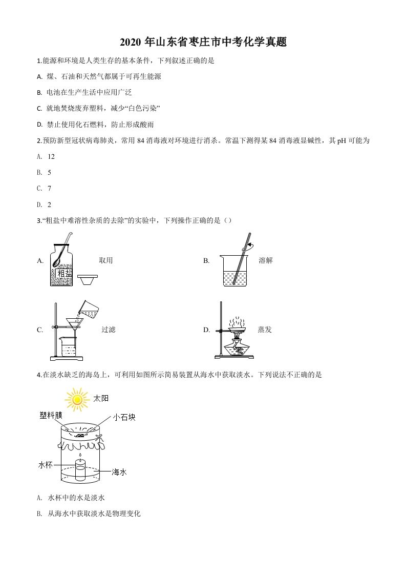 山东省枣庄市2020年中考化学试题（空白卷）_练习题|试卷|知识点|复习提纲