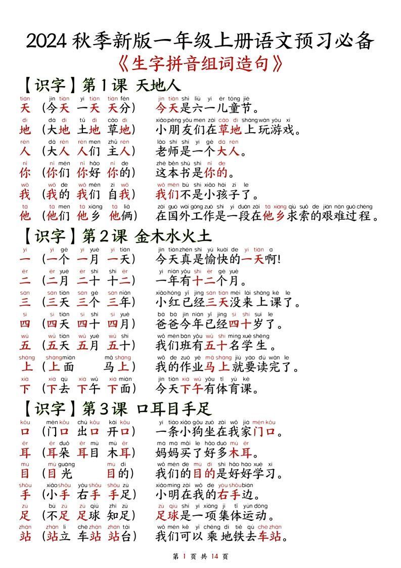 一年级上册语文单元知识要点之生字拼音组词造句_练习题|试卷|知识点|复习提纲