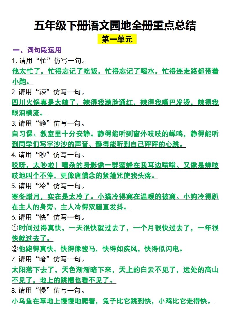 五年级下册语文园地全册重点总结(归类）_练习题|试卷|知识点|复习提纲