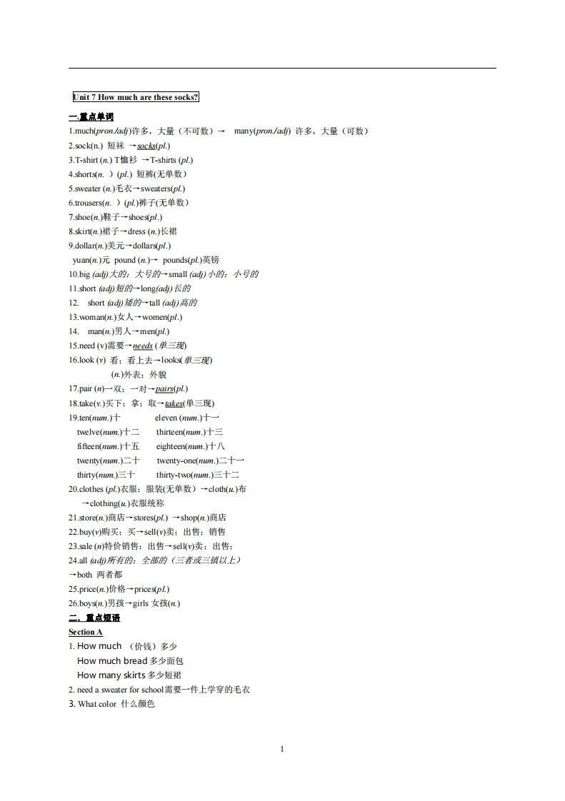 7.人教版七年级上英语Unit7复习提纲_练习题|试卷|知识点|复习提纲